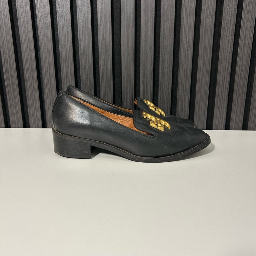 Tory Burch Black Leather Loafers with Gold Logo Hardware